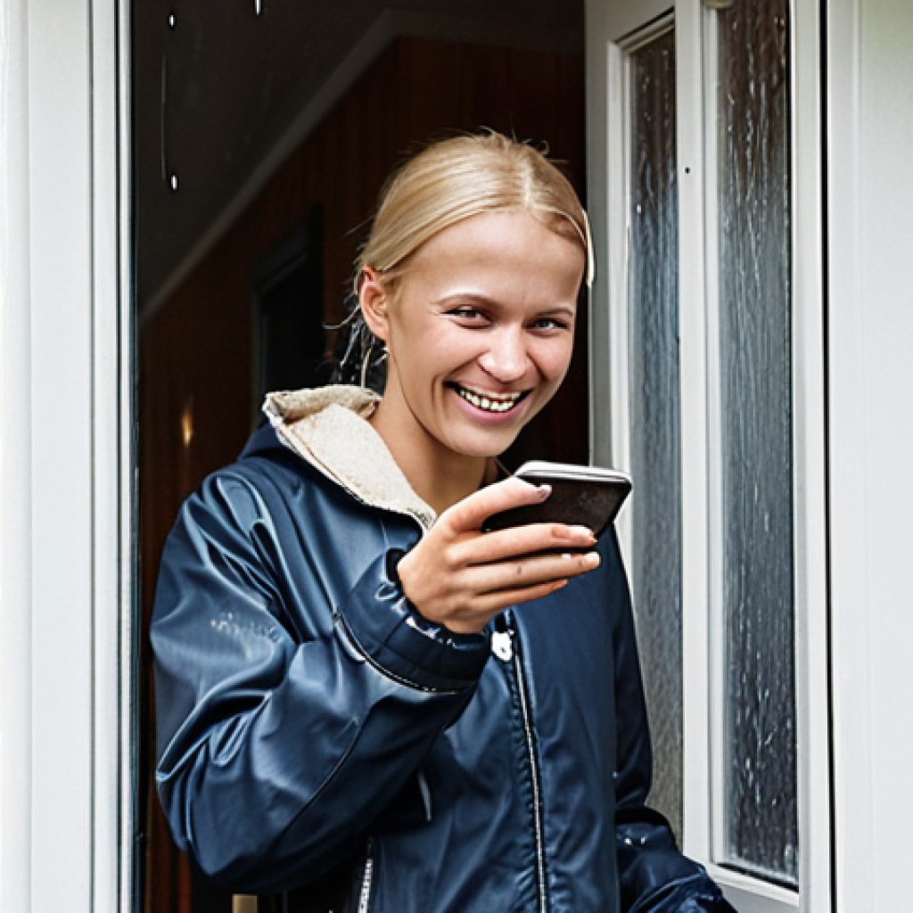 **A Swede effortlessly unlocks their front door with a smartphone, a happy expression on their face. Rain is lightly falling. The door is a typical Swedish style.** (Focus: Convenience, Swedish setting)