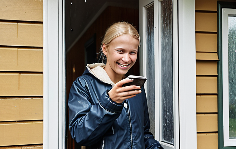 **A Swede effortlessly unlocks their front door with a smartphone, a happy expression on their face. Rain is lightly falling. The door is a typical Swedish style.** (Focus: Convenience, Swedish setting)
