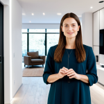 A professional woman in a modest, modern business casual outfit, standing in a brightly lit, contemporary open-plan living space. She has a calm and confident expression, subtly interacting with an integrated smart home system that controls soft, ambient lighting throughout the room. The background shows sleek, minimalist furniture and technology seamlessly blended into the decor, creating a comfortable and efficient atmosphere. Professional photography, high-definition, natural pose, perfect anatomy, correct proportions, well-formed hands, proper finger count, natural body proportions, fully clothed, appropriate attire, safe for work, appropriate content, family-friendly.
