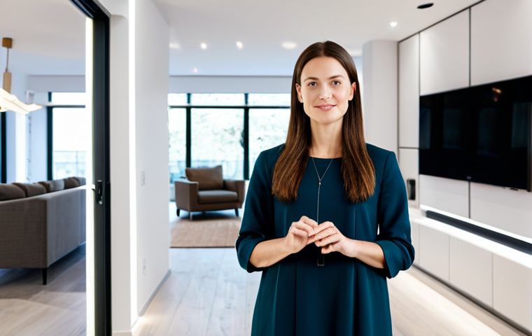 A professional woman in a modest, modern business casual outfit, standing in a brightly lit, contemporary open-plan living space. She has a calm and confident expression, subtly interacting with an integrated smart home system that controls soft, ambient lighting throughout the room. The background shows sleek, minimalist furniture and technology seamlessly blended into the decor, creating a comfortable and efficient atmosphere. Professional photography, high-definition, natural pose, perfect anatomy, correct proportions, well-formed hands, proper finger count, natural body proportions, fully clothed, appropriate attire, safe for work, appropriate content, family-friendly.